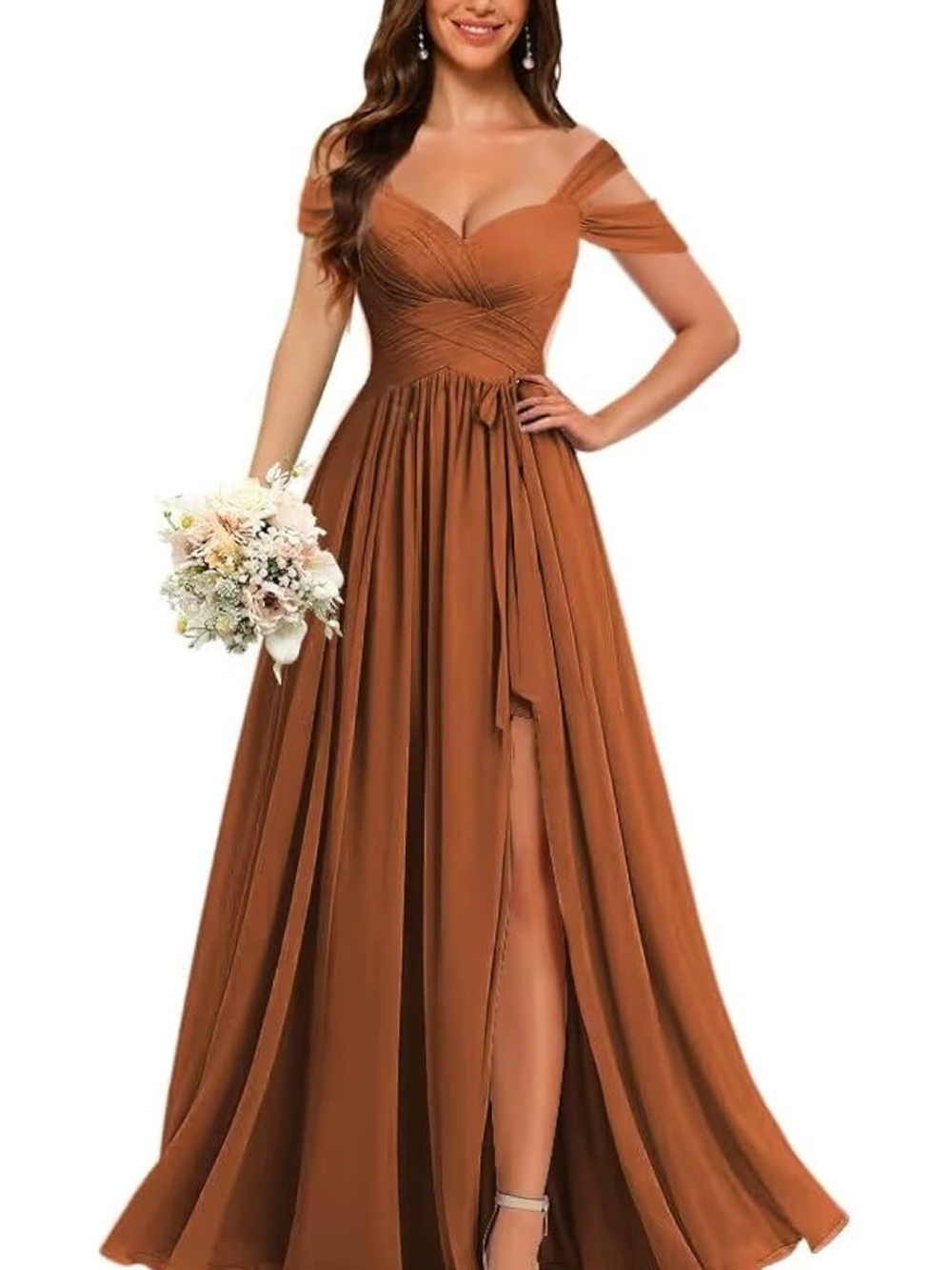 Amazon Women's Rust Orange Pleated V-Neck Maxi Dress